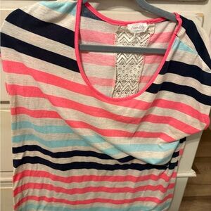 Siren Lily Striped Scoop Neck Tee in Coral, Navy & Aqua